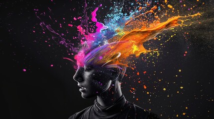 color splashes blowing out of a human head facing forward in a black background, AI Generative