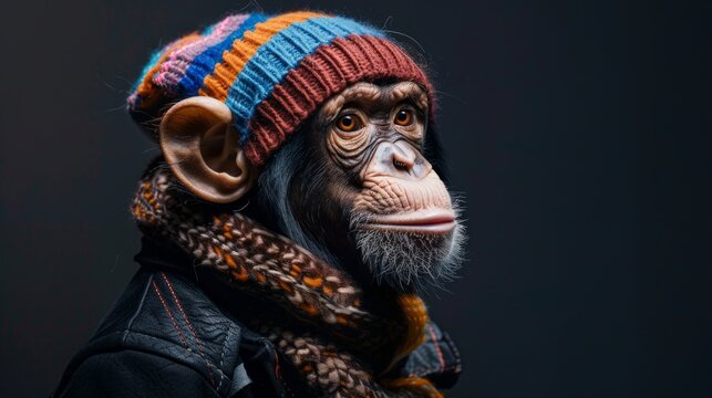 Realistic animal portrait cute dressed monkey with hat