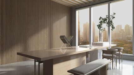 Meeting, living room with long table by window in sunlight on corrugated wooden wall, white floor for luxury, minimal interior design decoration, architecture, product background 3D