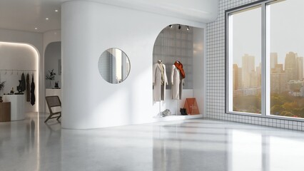 Window display of white modern and luxury fashion clothes shop in sunlight, shadow for store front...