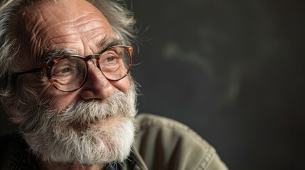 Smiling Older Man with Gray Beard and Glasses Looking Sideways