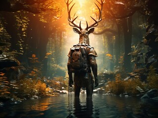 Fototapeta premium Majestic deer with antlers and backpack standing in a mystical forest with vibrant foliage and a dream-like atmosphere.