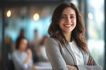 Fototapeta premium Young successful businesswoman at corporate office looking at camera. Office business portrait