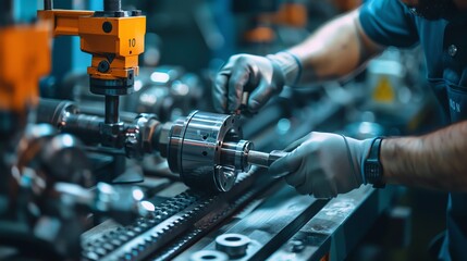 Worker operating industrial machinery, focusing on precision metal components in a high-tech manufacturing environment.