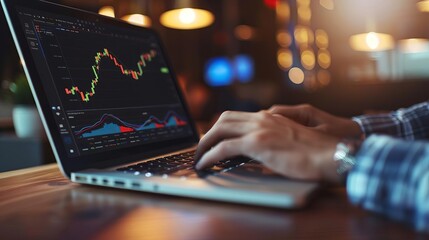 Close-up of hands typing on a laptop showing financial graphs, stock market data, and charts with blurred background in a modern office setting.