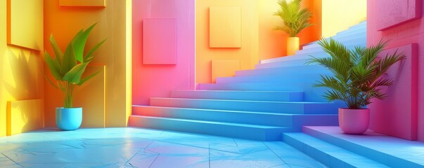 Abstract background with colorful shapes and stairs in the style of minimalist composition
