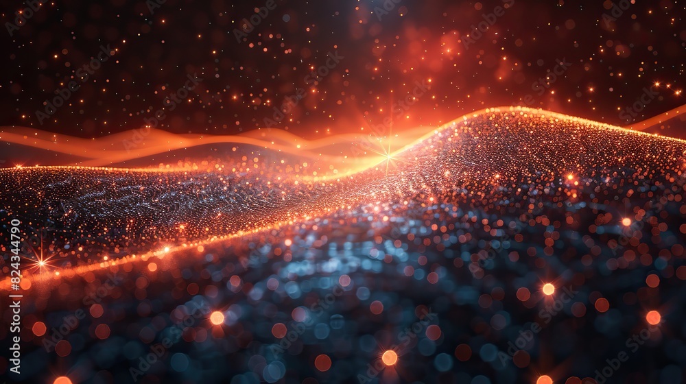 Poster abstract data particles traveling across a global grid. stock image
