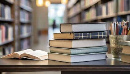 stack of books on a library table