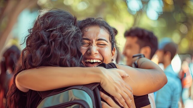 Friends reuniting on campus, hugging and laughing, dynamic composition, photo-realistic, lively