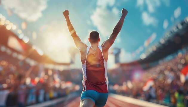 Athlete celebrating victory on a track field in a vibrant stadium. Sunlight and cheering crowd add to the triumphant moment of winning.
