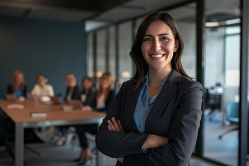 Young successful businesswoman at corporate office looking at camera. Office business portrait