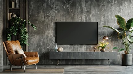 Concrete Style TV Room with Leather Armchair and Decorative Accessories - 3D Rendering

