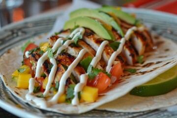 A delicious chicken taco with mango salsa, avocado slices, and a drizzle of lime crema, presented on a stylish plate