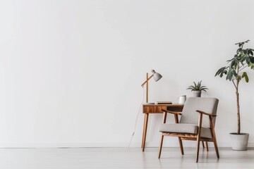 Minimalist room with midcentury modern furniture and decor, including an armchair on the right side of the frame