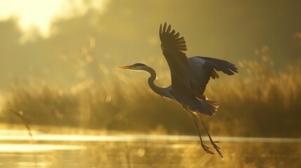 Misty River Dawn with Heron