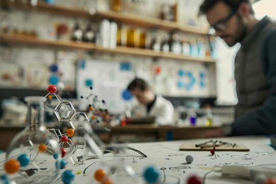 A detailed shot of molecular models and chemical equations on a whiteboard, with a scientist in the background conducting an experiment