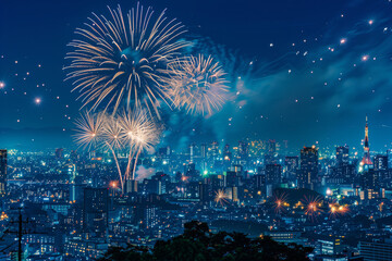 A fireworks display lighting up the night sky over a city skyline