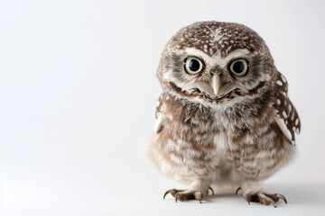 Fototapeta premium Cute baby owl with big round eyes isolated on white background