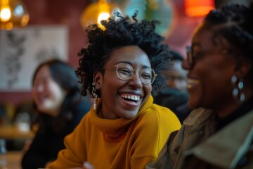 Obraz premium A diverse group of friends laughing and talking at a café, illustrating the joy of in-person communication