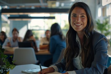 Fototapeta premium Young successful businesswoman at corporate office looking at camera. Office business portrait