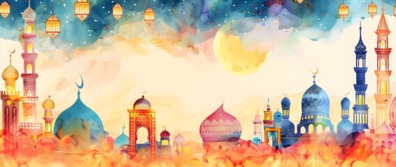 Captivating Eid al Adha Illustrated Frame with Ornate Mosques Glowing Lanterns and Flowing Organic Shapes