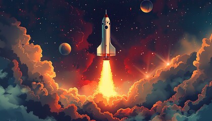 Stunning digital illustration of a rocket launching into space, surrounded by glowing clouds and distant planets. Perfect for space enthusiasts.