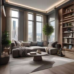 Fototapeta premium Modern living room with a cozy reading nook and large windows1
