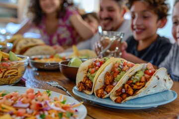 A family enjoying a taco night at home, with a table full of chicken tacos, various toppings, and happy faces