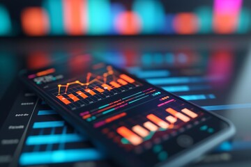 Dynamic Financial Data and Analytics Displayed on a Smartphone with Neon Charts and Graphs in a Dark High-Tech Environment