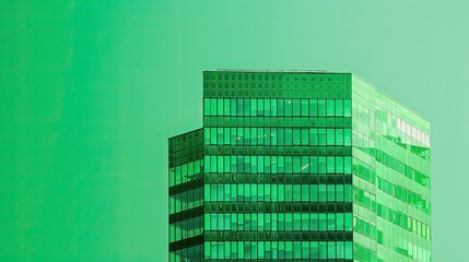 A sleek modern skyscraper with reflective glass windows, isolated on a green background