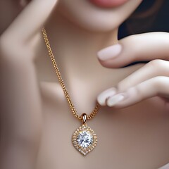 Elegant female hand holding a delicate gold necklace with a diamond pendant1