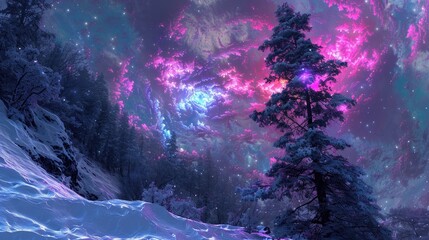 Neon-lit snowy landscape with glowing ice formations and central copy space