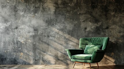 Living Room with Green Armchair on Dark Concrete Wall Background - 3D Rendering