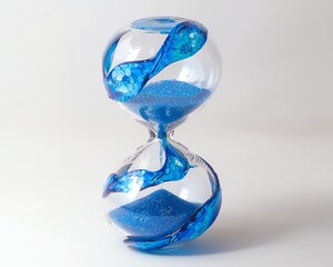 Maritime hourglass with neon blue sand, reminiscent of ocean waves, displayed on a stark white background