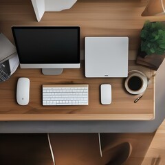 Overhead shot of a workspace with a desktop computer and coffee mug4