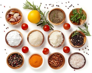 Assorted spices and herbs in bowls on white background. Ingredients include garlic, lemon, rosemary, and various spices.
