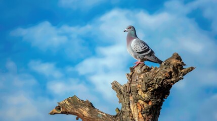 Obraz premium Wood pigeon perches on a dead tree against a backdrop of blue sky