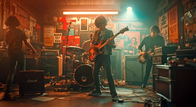 teen band practicing in a garage young musicians playing guitars, bass, and drums amidst amplifiers and posters, highlighting their passion and creativity