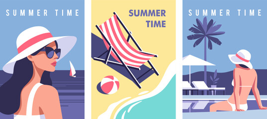 Summer time. Concept of summer party, vacation and travel. Perfect background on the theme of season vacation, weekend, beach. Vector illustration in minimalistic style for posters, cover art, flyer. © faber14