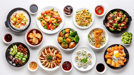Top View Realistic Group of Chinese Food on Plain White Background in HD 8K Resolution