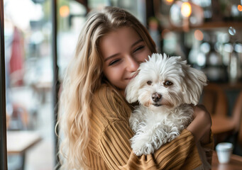 Portrait of beautiful young woman holding her dog in hands. Cute white dog in arms of loving owner. With dog in coffe shop.
