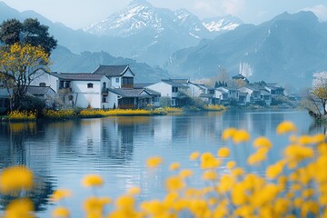 Fototapeta premium In the village by the lake, rapeseed flowers are in full bloom