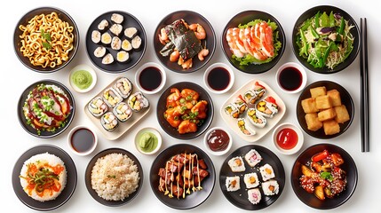 Authentic Chinese Cuisine Spread - Top View of Various Dishes on Plain White Background in HD 8K Resolution