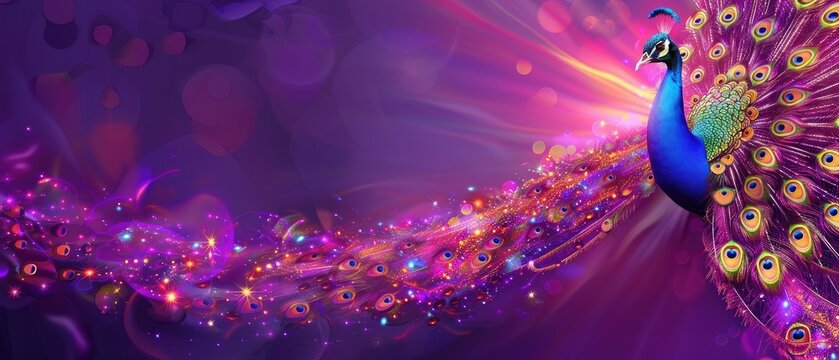 Elegant peacock with ample copyspace on a purple background