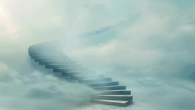 A staircase spirals upwards disappearing into a misty cloud of uncertainty.