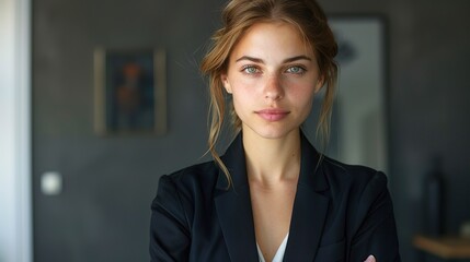 businesswoman with a professional black blazer, facing the camera with a focused expression