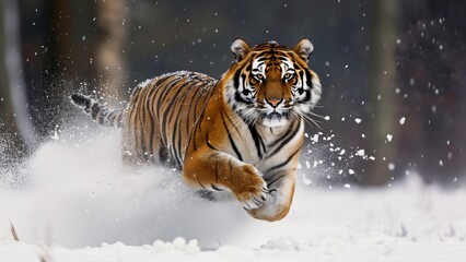 Obraz premium a majestic tiger in motion, running through a snowy landscape