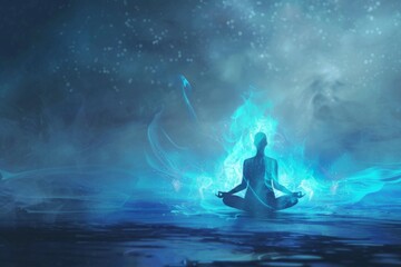A serene scene of a person meditating with a glowing aura, symbolizing inner communication and self-connection