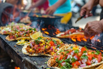 A street food scene with a vendor preparing delicious chicken tacos, with vibrant toppings and a smoky grill in the background