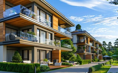 Obraz premium Modern apartment building, terraces with furniture and decorative fountains, wooden accents on balconies